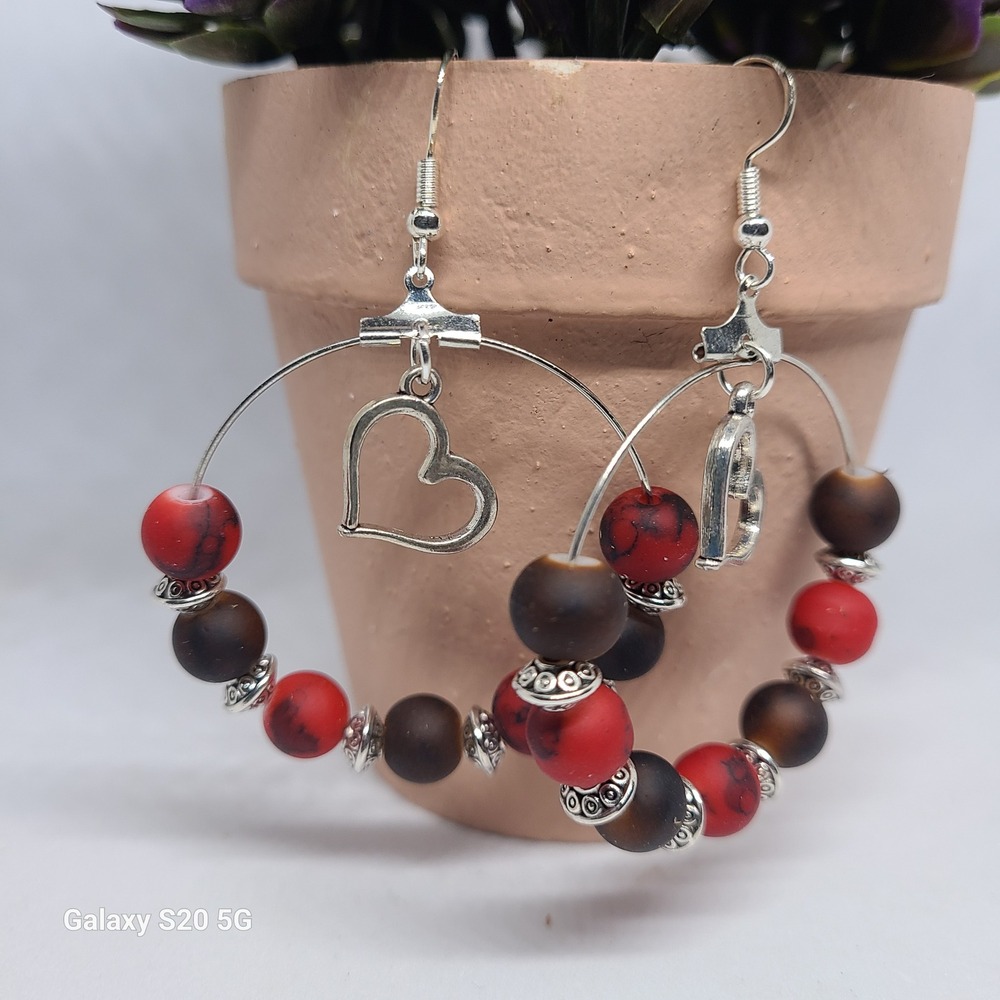 Red Brown Beaded Hoop Earrings Silver Tone Heart Dangle Handmade Jewelry NWOT
